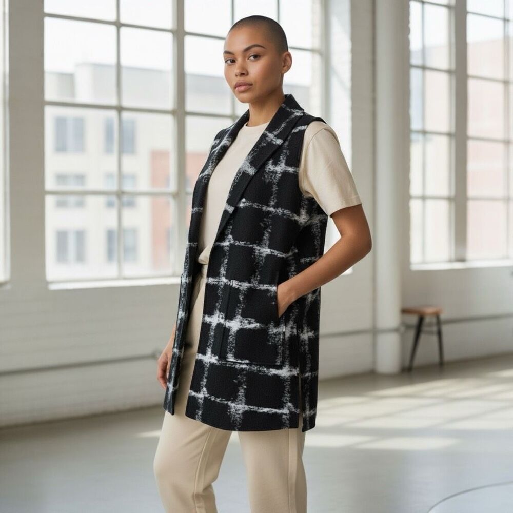 Tribal Open Front Long Vest Wool Shawl Collar Zig Zag Black &‎ White